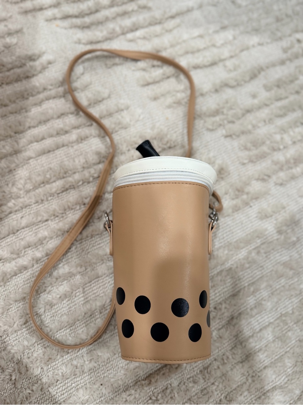 Tan Bubble Tea Crossbody Bottle Bag with Black Dot Detail